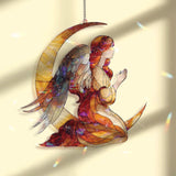 Angel on Crescent Moon Acrylic Suncatcher, Praying Guardian Angel Window Hanging, Celestial Spiritual Acrylic Home Decor Gift