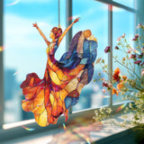Dancing Lady Acrylic Suncatcher, Vibrant Red and Blue Flowing Dress Window Hanging, Elegant Art Nouveau Acrylic Home Decor Gift