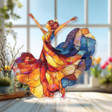 Dancing Lady Acrylic Suncatcher, Vibrant Red and Blue Flowing Dress Window Hanging, Elegant Art Nouveau Acrylic Home Decor Gift