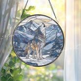 Howling Wolf Stained Glass Suncatcher, Round Mountain Scene Window Panel, Wilderness Animal Art Gift for Nature Lover Home Decor
