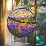 Lavender Field Stained Glass Suncatcher, Round Sunset Landscape Window Panel, Purple Flower Nature Art Gift for Home Decor