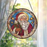 Santa Claus Stained Glass Suncatcher, Round Christmas Window Panel, Holiday Santa Art Gift for Festive Home Winter Decor