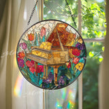 Grand Piano Stained Glass Suncatcher, Round Floral Music Window Panel, Colorful Flower Art Gift for Music Lover Home Decor
