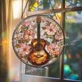 Guitar and Flowers Stained Glass Suncatcher, Round Music Window Panel, Floral Art Gift for Music Lover Home Decor