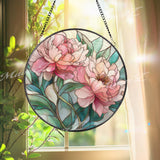 Peony Flower Stained Glass Suncatcher, Round Floral Window Panel, Pink Blossom Art Gift for Nature Lover Home Decor