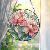 Peony Flower Stained Glass Suncatcher, Round Floral Window Panel, Pink Blossom Art Gift for Nature Lover Home Decor