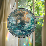 Poseidon Stained Glass Suncatcher, Round Ocean God Window Panel, Mythology Sea Wave Art Gift for Nautical Home Decor