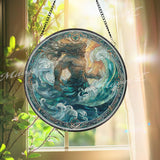 Poseidon Stained Glass Suncatcher, Round Ocean God Window Panel, Mythology Sea Wave Art Gift for Nautical Home Decor