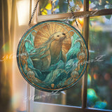 Sea Otter Stained Glass Suncatcher, Round Ocean Animal Window Panel, Marine Life Art Gift for Coastal or Nautical Home Decor