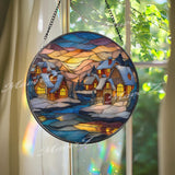 Winter Village Stained Glass Suncatcher, Round Snowy Cottage Window Panel, Christmas Landscape Art Gift for Cozy Holiday Home