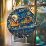 Santa Sleigh Stained Glass Suncatcher, Round Starry Night Window Panel, Christmas Reindeer Art Gift for Holiday Home Decor