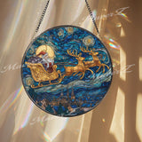 Santa Sleigh Stained Glass Suncatcher, Round Starry Night Window Panel, Christmas Reindeer Art Gift for Holiday Home Decor