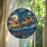 Santa Sleigh Stained Glass Suncatcher, Round Starry Night Window Panel, Christmas Reindeer Art Gift for Holiday Home Decor