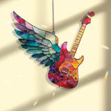 Electric Guitar with Wings Acrylic Suncatcher, Colorful Stained Glass Style Music Window Decor Gift for Rock Music Lover Home