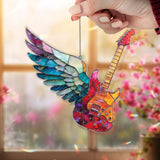 Electric Guitar with Wings Acrylic Suncatcher, Colorful Stained Glass Style Music Window Decor Gift for Rock Music Lover Home