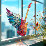 Electric Guitar with Wings Acrylic Suncatcher, Colorful Stained Glass Style Music Window Decor Gift for Rock Music Lover Home