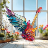 Electric Guitar with Wings Acrylic Suncatcher, Colorful Stained Glass Style Music Window Decor Gift for Rock Music Lover Home