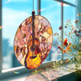 Guitar and Flowers Acrylic Suncatcher, Round Stained Glass Style Music Window Art, Floral Music Lover Gift for Home Decor
