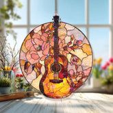 Guitar and Flowers Acrylic Suncatcher, Round Stained Glass Style Music Window Art, Floral Music Lover Gift for Home Decor