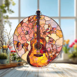 Guitar and Flowers Acrylic Suncatcher, Round Stained Glass Style Music Window Art, Floral Music Lover Gift for Home Decor