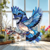 Blue Jay Acrylic Suncatcher, Flying Bird and Blossom Window Decor, Stained Glass Style Nature Art Gift for Bird Lover Home