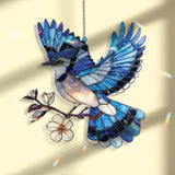 Blue Jay Acrylic Suncatcher, Flying Bird and Blossom Window Decor, Stained Glass Style Nature Art Gift for Bird Lover Home
