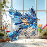 Blue Bird Acrylic Suncatcher, Flying Songbird Window Decor, Stained Glass Style Nature Art Gift for Bird Lover Home Decoration