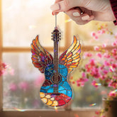 Winged Guitar Acrylic Suncatcher, Angel Music Window Decor, Stained Glass Style Guitar Art Gift for Musician Studio or Home Decoration