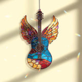 Winged Guitar Acrylic Suncatcher, Angel Music Window Decor, Stained Glass Style Guitar Art Gift for Musician Studio or Home Decoration