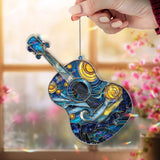 Starry Night Guitar Acrylic Suncatcher, Van Gogh Inspired Music Window Decor, Blue Yellow Stained Glass Style Art Gift for Music Lover
