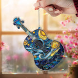 Starry Night Guitar Acrylic Suncatcher, Van Gogh Inspired Music Window Decor, Blue Yellow Stained Glass Style Art Gift for Music Lover