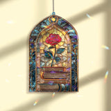 Rose and Books Acrylic Suncatcher, Stained Glass Style Window Panel, Literary Beauty Floral Art Gift for Book Lover Home Decor