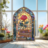 Rose and Books Acrylic Suncatcher, Stained Glass Style Window Panel, Literary Beauty Floral Art Gift for Book Lover Home Decor