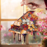 Grand Piano Acrylic Suncatcher, Floral Music Window Decor, Stained Glass Style Piano Art Gift for Music Lover Home Decoration