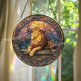 Majestic Lion Stained Glass Suncatcher, Round Castle Window Panel, Courage Strength Glass Art Home Decor Gift