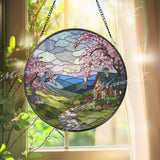 Cottage Landscape Stained Glass Suncatcher, Round Spring Blossom Window Panel, Mountain Sunset Glass Art Home Decor Gift