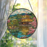 Japanese Temple Stained Glass Suncatcher, Round Kinkakuji Window Panel, Cherry Blossom Pond Glass Art Home Decor Gift
