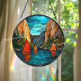 Sailboat Lake Stained Glass Suncatcher, Round Mountain Sunset Window Panel, Nature Landscape Glass Art Home Decor Gift