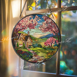 Cottage Garden Stained Glass Suncatcher, Round Spring Landscape Window Panel, Floral Mountain View Glass Art Home Decor Gift