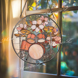 Drum Set Stained Glass Suncatcher, Round Musician Window Panel, Floral Band Instrument Glass Art Home Studio Decor Gift