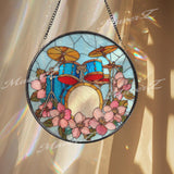 Blue Drum Set Stained Glass Suncatcher, Round Music Window Panel, Floral Band Instrument Glass Art Home Studio Decor Gift