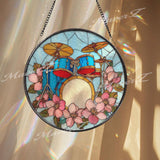 Blue Drum Set Stained Glass Suncatcher, Round Music Window Panel, Floral Band Instrument Glass Art Home Studio Decor Gift
