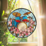 Blue Drum Set Stained Glass Suncatcher, Round Music Window Panel, Floral Band Instrument Glass Art Home Studio Decor Gift
