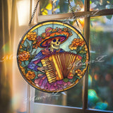 Day of the Dead Stained Glass Suncatcher, Round Skeleton Musician Window Panel, Mexican Folk Art Glass Home Decor Gift
