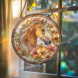 Horse Stained Glass Suncatcher, Round Floral Window Panel, Elegant Equine Art Glass Home Decor Gift for Animal Lovers