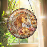Horse Stained Glass Suncatcher, Round Floral Window Panel, Elegant Equine Art Glass Home Decor Gift for Animal Lovers