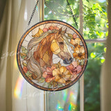 Horse Stained Glass Suncatcher, Round Floral Window Panel, Elegant Equine Art Glass Home Decor Gift for Animal Lovers