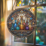 Potion Bottles Stained Glass Suncatcher, Round Fantasy Alchemy Window Panel, Wizard Lab Glass Art Home Decor Gift