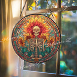 Skeleton Sunflower Stained Glass Suncatcher, Round Gothic Floral Window Panel, Day of the Dead Glass Art Home Decor Gift