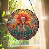 Skeleton Sunflower Stained Glass Suncatcher, Round Gothic Floral Window Panel, Day of the Dead Glass Art Home Decor Gift